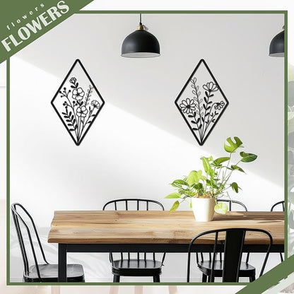 PullCrease 2 Pcs Metal Wall Art, Metal Flower Wall Decor, Modern Floral Art for Living Room, Bedroom, Bathroom, Rustic Farmhouse Decor, Sculpture Kitchen Decoration (Black)