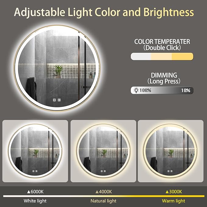 Itrue 36 Inch LED Bathroom Round Mirror, Gold Metal Frame, Adjustable Color Temp & Brightness,Anti-Fog,Shatter-Proof Tempered Vanity Mirror for Wall