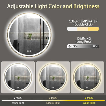 Itrue 36 Inch LED Bathroom Round Mirror, Gold Metal Frame, Adjustable Color Temp & Brightness,Anti-Fog,Shatter-Proof Tempered Vanity Mirror for Wall