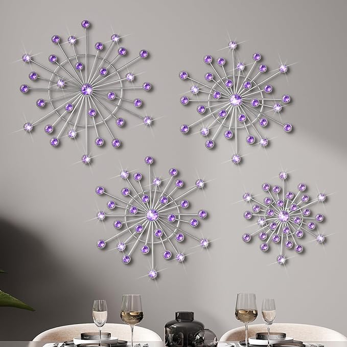 Blulu 4 Pcs Metal Wall Decor Bling Crystal Wall Art Cast Iron Rhinestones Sunburst Decor Starburst Art Hanging Diamond Accents Decorative for Living Room Bedroom Entryway (Purple)