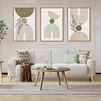 ANHUIB Boho Abstract Wall Art Canvas,Sage Green Wall Decor Framed,Geometric Line Art Prints Leaves,Minimalist Artwork Botanical,3 Piece 16x24In Beige Nature Painting for Living Room Bedroom