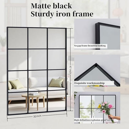 Dewfig Rectangle Window Mirror Wall Mounted, 30"x47"in Window Pane Mirror Wall Decor Metal Framed, Large Black Mirrors for Bedroom Living Room Fireplace Entryway Hanging or Leaning Against Wall,Black