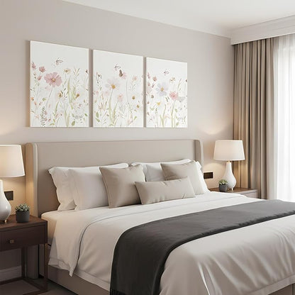 Yxjyzzkx Floral Canvas Wall Art Set of 3, Botanical Triptych Canvas Prints Wall Decor, Soft Pastel Flower Painting for Living Room Bedroom Bathroom, Waterproof Fade Resistant, 16x12 Inch Each