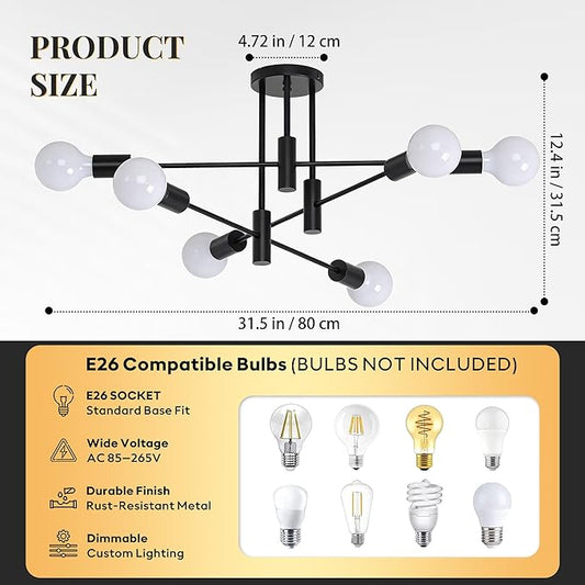 6-Light Sputnik Light Fixture, Solid Matte Black Mid-Century Modern Chandelier for Dining Room, Kitchen, Living Room, Bedroom