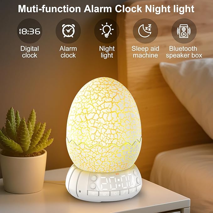Dragon Egg Digital Clock Ok to Wake Up Alarm Clock with Portable Egg Night Light/Sleep Training Machine/Bluetooth Speaker, Illuminated Buttons Control Color Volume Brightness