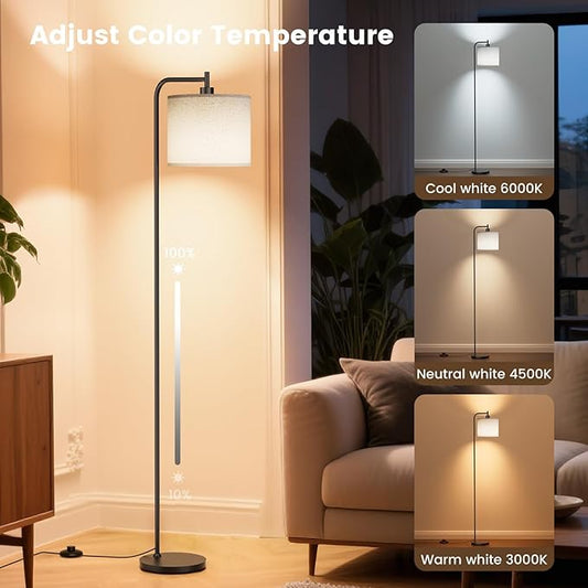 SIBRILLE Floor Lamp with Linen Shade, Dimmable Tall Standing Lamp with Remote Control & 3 Color Temperatures, Modern Corner Floor Lamps for Living Room Bedroom Office, 9W LED Bulb Included
