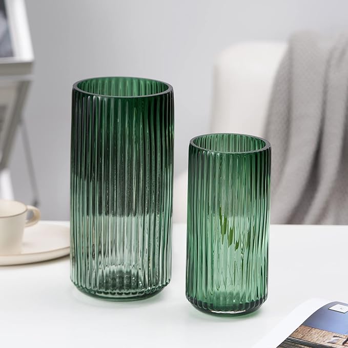 TIMEFOTO Flower Vase 10 inch Green Thickened Hand Blow Glass Vase Round Vintage Striped Bottles for Bookshelf,Dinner Table,Indoor Office Desktop,Meeting Room,Bathroom,Countertop,Home