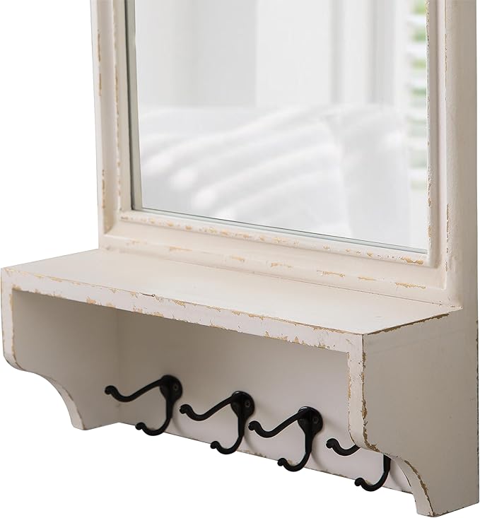 Vintage Mirror with Shelf and 4 Hooks 30 X 16 Inch, Hanging Distressed White Wood Framed Rustic Wall Mirror Decorative with Storage for Entryway Bathroom Living Room Bedroom