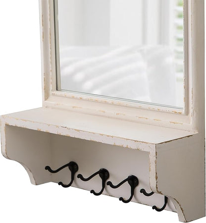 Vintage Mirror with Shelf and 4 Hooks 30 X 16 Inch, Hanging Distressed White Wood Framed Rustic Wall Mirror Decorative with Storage for Entryway Bathroom Living Room Bedroom