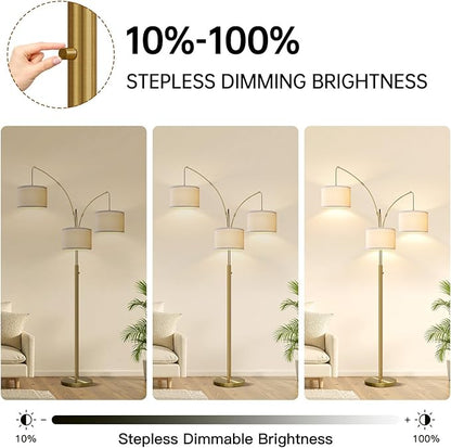 Dimmable Floor Lamp, 3 Light Brass Arc Floor Lamp, Modern Tall Standing Tree Lamp with White Linen Shades & Heavy Base, 3000LM LED Bulbs, Bright Lighting for Living Room, Bedroom, Office & Reading