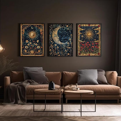 Tocliky Moon Sun Gothic Wall Art Tarot Card Celestial Canvas Poster Witchy Vintage Wall Decor Boho Floral Aesthetic Painting Dark Academia Mystical Astrology Posters for Bedroom 16x24x3 Inch Unframed