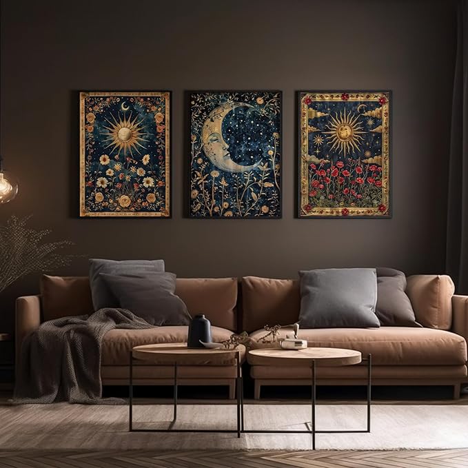 Tocliky Moon Sun Gothic Wall Art Tarot Card Celestial Canvas Poster Witchy Vintage Wall Decor Boho Floral Aesthetic Painting Dark Academia Mystical Astrology Posters for Bedroom 12x16x3 Inch Unframed