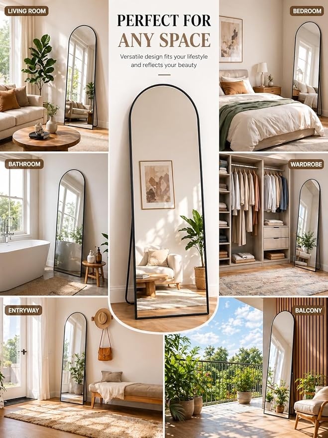 Full Length Mirror, Arched Floor Mirror Freestanding, Floor Standing Full Body Mirror with Stand for Bedroom, Hanging Mounted for Living Room Cloakroom