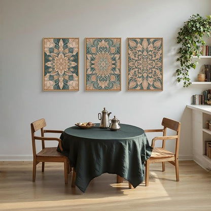 HLNIUC Mandala Boho Framed Canvas Wall Art, Vintage Green Abstract Flower Decor, Scandinavian Botanical Artwork Set of 3(16x24), Southwestern Mexican Bohemian Prints for Living Room, Bedroom, Office