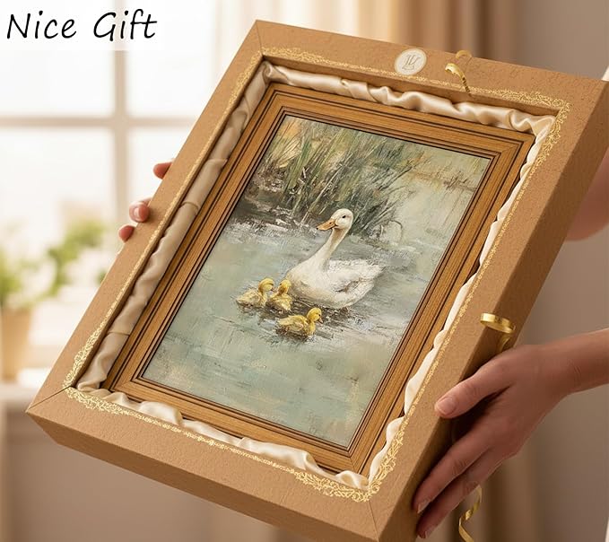 Vintage Gold Framed Canvas Wall Art, Ducks Poster Artwork, Country Animal Print Picture, Farmhouse Nature Pond Painting Wall Decor, for Living Room, Bedroom, Home Decoration, 12x16in