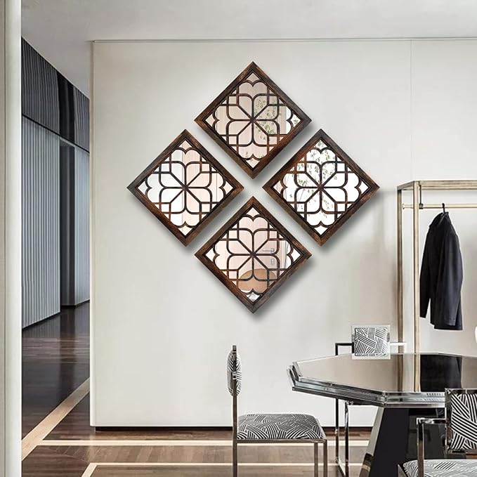 Wocred Set of 4 Mirrors Square Wall Mirror,Gorgeous Rustic Farmhouse Accent Mirror,Caramel Color Entry Mirror for Bathroom Renovation,Bedrooms,Living Rooms and More (12”x12”4pcs)