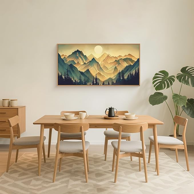 Mountains Forests Framed Canvas Wall Art Set,Abstract Sun Woodland Painting,Boho Scenery Sun Wall Decor,Natural Woodgrain Art Print for Living Room,Bedroom,Dining Room,Office - 20"x40"