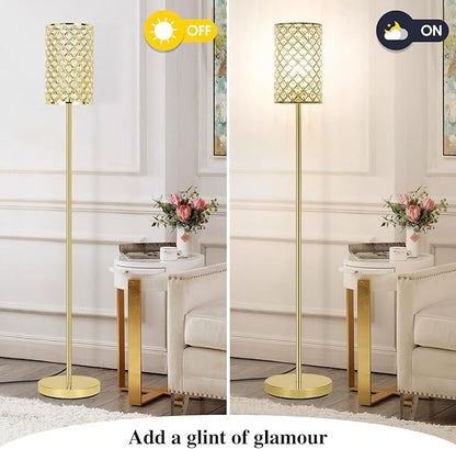 Gold Floor Lamp, Crystal Floor Lamp with Decorative Shade, Standing Lamp with On/Off Foot Switch & E26 Base, Modern Floor Lamps Corner Tall Pole Light for Living Room, Girls Bedroom, Dresser, Office