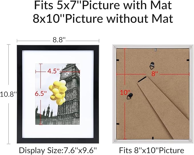 8x10 Picture Frame Set of 6, Display Pictures 5x7 with Mat or 8x10 Without Mat for Tabletop Display and Wall Mounting, Black