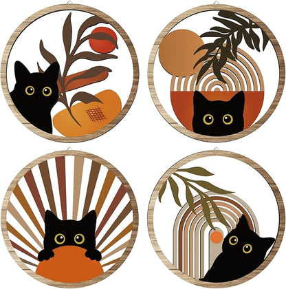 Boho Black Cat Wall Art Black Cat Room Decor Aesthetic, 4-Piece Farmhouse Geometric Wooden Cat Wall Decor Mid-Century Bohemian Moon Sun Design for Nursery, Bedroom Perfect Cat Lover Gifts