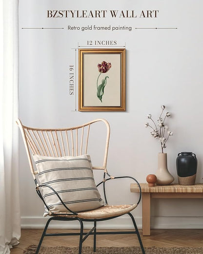 Bzstyleart Vintage Wall Art Decor for Living Room, Gold Framed Flower Wall Art Office, Canvas Vintage Artwork, Canvas Painting Picture Print Bedroom for Mom, 12 x 16 Inch Red Tulip