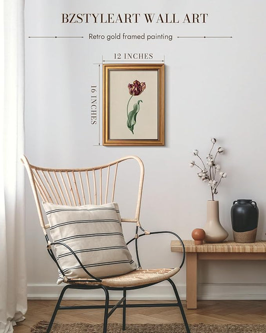 Bzstyleart Vintage Wall Art Decor for Living Room, Gold Framed Flower Wall Art Office, Canvas Vintage Artwork, Canvas Painting Picture Print Bedroom for Mom, 12 x 16 Inch Red Tulip