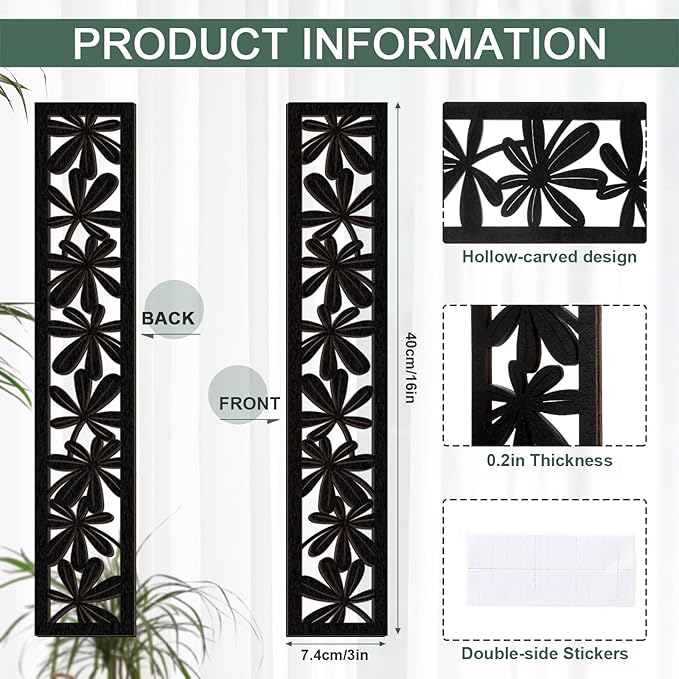 5 Pieces Wooden Wall Art Hollow Wall Decor Wood Wall Accents Themed Wood Panels for Home Decorations Bedroom Living Room, 15.7 x 2.9 x 0.2 Inch (Black, Floral)