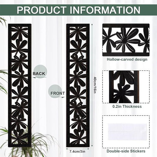 5 Pieces Wooden Wall Art Hollow Wall Decor Wood Wall Accents Themed Wood Panels for Home Decorations Bedroom Living Room, 15.7 x 2.9 x 0.2 Inch (Black, Floral)