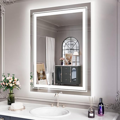 Snowdool LED Mirror for Bathroom, 28"X36" with 8 RGB Backlit +3 Front Lit (Adjustable Individually), Anti-Fog, Lighted Bathroom Vanity Mirror for Wall, Shatterproof, Memory Function, Tempered Glass