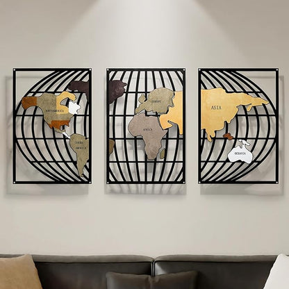 FIXNEO Metal Wall Art 3 Piece World Map Wall Art for Living Room Modern Globe Pictures Design Decor for Living Room Home Bathroom Office (World Map, 31.8"*15.74")