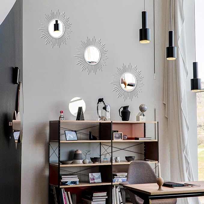 3 Set Sunburst Mirrors for Wall Decor Living Room Bedroom Bathroom Dining Room Metal Boho Sunburst Wall Mirror Set Gold Metal Vintage Circle Art Pack - Silver 11.8 in