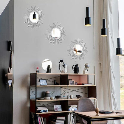 3 Set Sunburst Mirrors for Wall Decor Living Room Bedroom Bathroom Dining Room Metal Boho Sunburst Wall Mirror Set Gold Metal Vintage Circle Art Pack - Silver 11.8 in