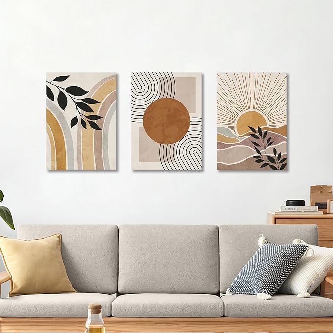 WENGTIAO 3Pcs Boho Orange Desert Canvas Wall Art Colorful Geometric Line Leaf Sun Prints Pictures Paintings Abstract Mid Century Nature Plant Artwork for Living Room Bedroom Office Bathroom 16x24x3