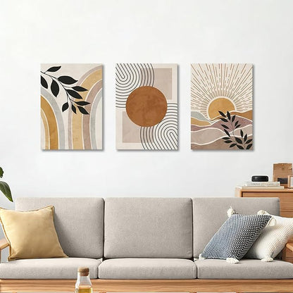 WENGTIAO 3Pcs Boho Orange Desert Canvas Wall Art Colorful Geometric Line Leaf Sun Prints Pictures Paintings Abstract Mid Century Nature Plant Artwork for Living Room Bedroom Office Bathroom 16x24x3