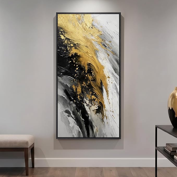 Large Framed Black and White Gold Abstract Wall Art, Modern Vertical Canvas Prints Paintings Artwork for Walls, Contemporary Pictures Wall Decor for Hallway Living Room Dining Room Entryway, 30x60 In