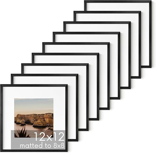 HAUS AND HUES 12x12 Black Metal Picture Frames Matted to 8x8 - Features Premium Aluminum & Hanging Hardware, Shatterproof Plexiglass - Ideal for Home, Room, Office (12x12 in, Black, Set of 9)