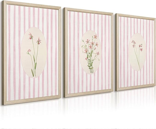 Pink Flower Wall Art Striped Floral Prints Botanical Canvas Wall Decor Aesthetic Pictures Pastel Pink Floral Poster Minimalist Flower Painting for Girl Room 12x16 Inch Framed Set of 3