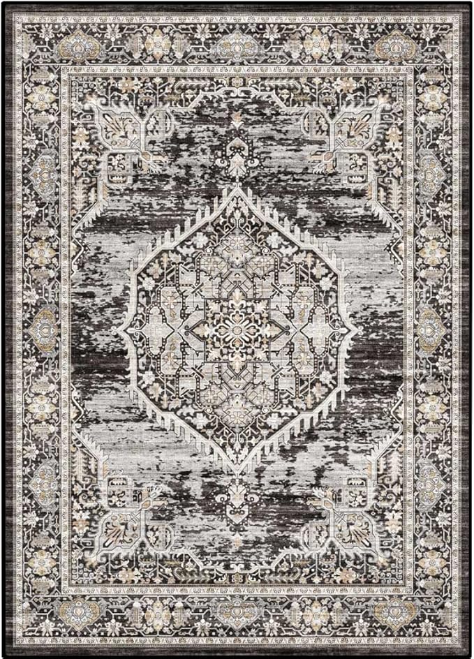 8x10 Rug Washable Area Rugs: Large Soft Living Room Rug - Distressed Stain Resistant Floor Carpet - Machine Washable Foladable Low Pile Area Rugs 8'x10' Black