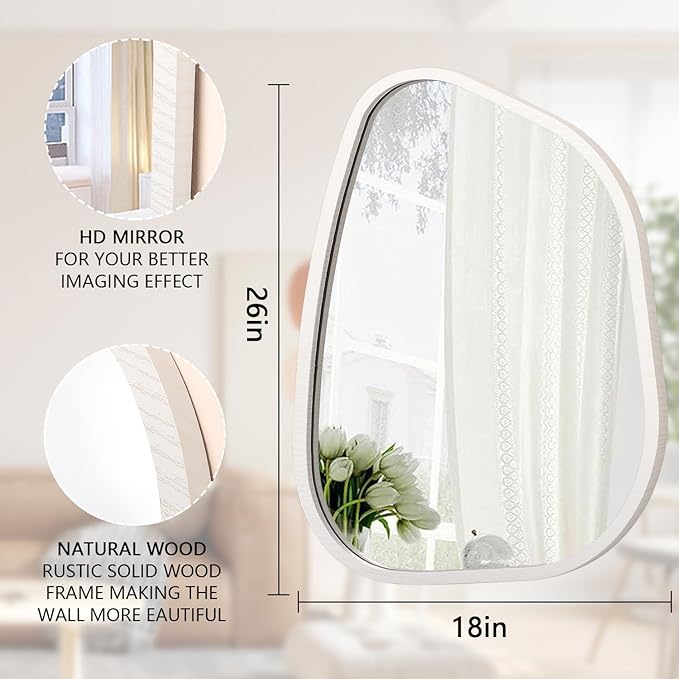 Asymmetrical Mirror Small 26"x18" Irregular Wall Mirror Modern Wood Frame Unique Shape Wall Mounted Vanity Artistic Mirror Decorative for Living Room Bedroom Bathroom Entryway Hallway