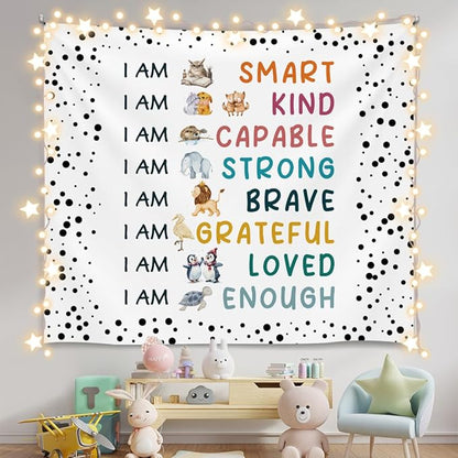 Soft Flannel Wall Tapestry – I Am Kind,I Am Smart Inspirational Tapestry,Cute Animal Patterns Wall Hanging Decor for Bedroom Living Room Kids Room Decor,Birthday Party Wall Art Decoration 59x51 inch(Colorful-I am smart)