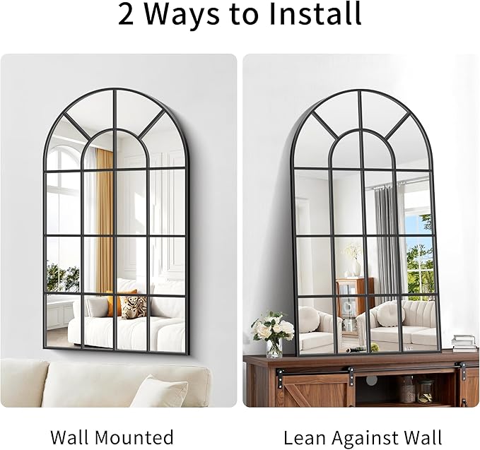 Arched Mirror, 30"x55" Arch Window Mirror, Black Frame Window Pane Wall Decor, Large Wall Mounted Decorative for Living Room Bedroom Entryway Hanging or Leaning Against