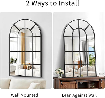 Arched Mirror, 30"x55" Arch Window Mirror, Black Frame Window Pane Wall Decor, Large Wall Mounted Decorative for Living Room Bedroom Entryway Hanging or Leaning Against