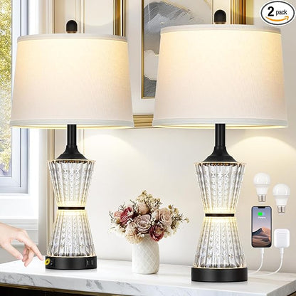 Modern Table Lamps for Living Room, 26" Tall Black Table Lamp with 2 Textured LED Night Light, 2 USB Charging Port & AC Outlet, Bedside Lamps for Bedroom Nightstands End Table Office, 2 Bulbs Included