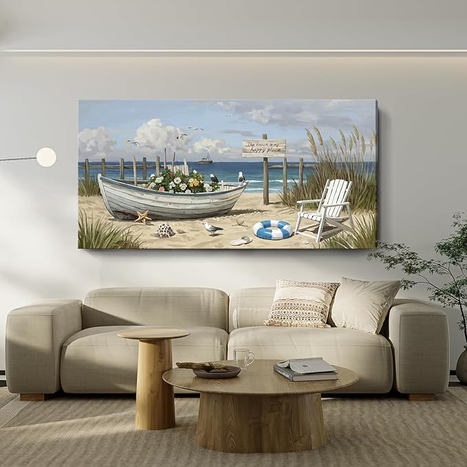 Extra Large Coastal Living Room Wall Art, Featuring A Printed Seaside Landscape, Boats, Beach Chairs, Seagulls, And Natural Wall Decor. A Modern Coastal Artwork For Bedrooms, Dining Rooms, Entryways, And Lounges. 58X29 Inches.