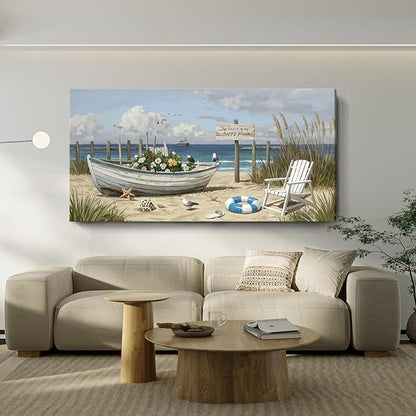 Extra Large Coastal Living Room Wall Art, Featuring A Printed Seaside Landscape, Boats, Beach Chairs, Seagulls, And Natural Wall Decor. A Modern Coastal Artwork For Bedrooms, Dining Rooms, Entryways, And Lounges. 58X29 Inches.