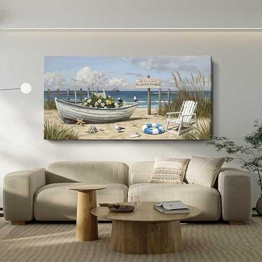 Extra Large Coastal Living Room Wall Art, Featuring A Printed Seaside Landscape, Boats, Beach Chairs, Seagulls, And Natural Wall Decor. A Modern Coastal Artwork For Bedrooms, Dining Rooms, Entryways, And Lounges. 58X29 Inches.