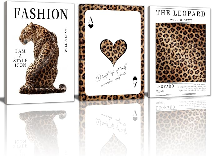 WENGTIAO Trendy Cheetah Canvas Wall Art Prints 3Pcs Fashion Leopard Wall Decor Lucky Ace Card Paintings Preppy Aesthetic Pictures Posters for Living Room Bedroom Study 12x16x3 inch