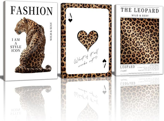 WENGTIAO Trendy Cheetah Canvas Wall Art Prints 3Pcs Fashion Leopard Wall Decor Lucky Ace Card Paintings Preppy Aesthetic Pictures Posters for Living Room Bedroom Study 12x16x3 inch