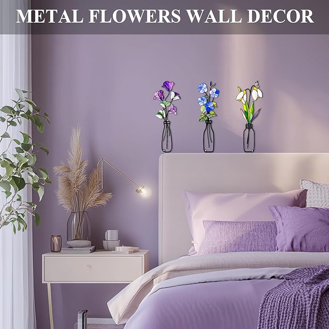 Fanjashn 3 Pcs Metal Flowers Wall Arts, Floral Art Wall Decor, Minimalist Flower Wall Decor for Living Room, Bathroom, Bedroom, Kitchen and Dining Room