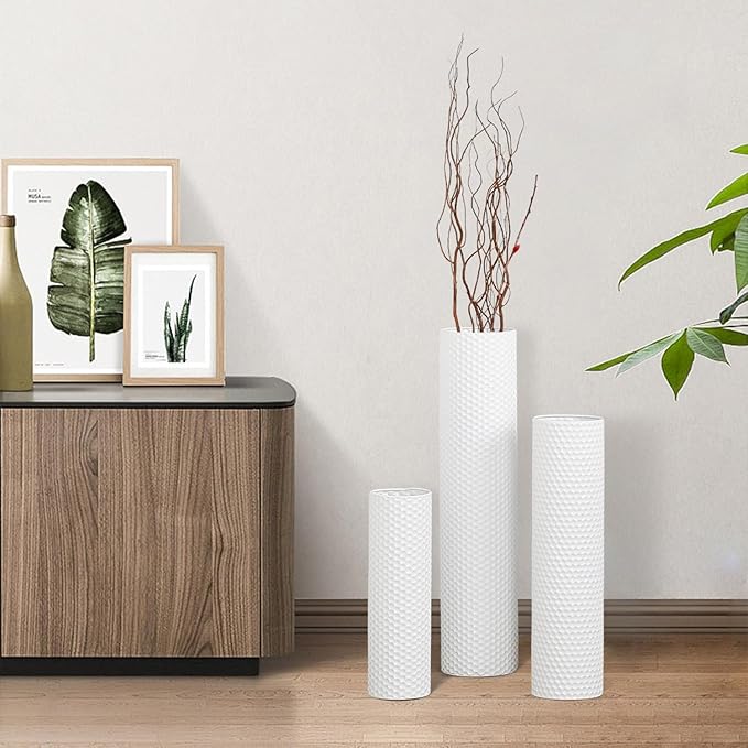 Dnnnii Tall Floor Vases Set of 3 - White Metal Cylinder Vases for Living Room Corner, Modern Honeycomb Texture, Extra Large Standing Decor (Tallest 27.6in, Home Bedroom Dining Decor)